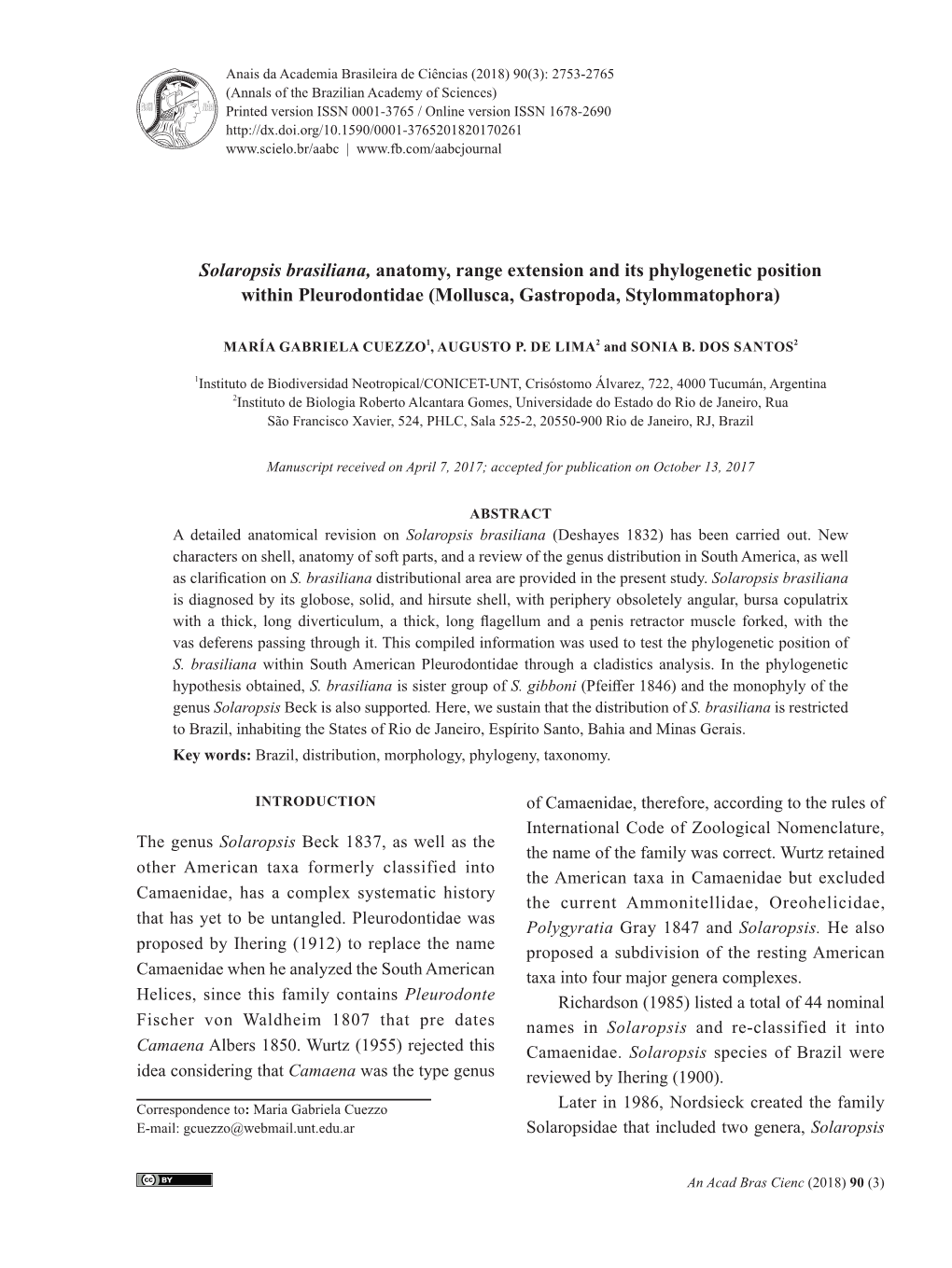 Solaropsis Brasiliana, Anatomy, Range Extension and Its Phylogenetic Position Within Pleurodontidae (Mollusca, Gastropoda, Stylommatophora)