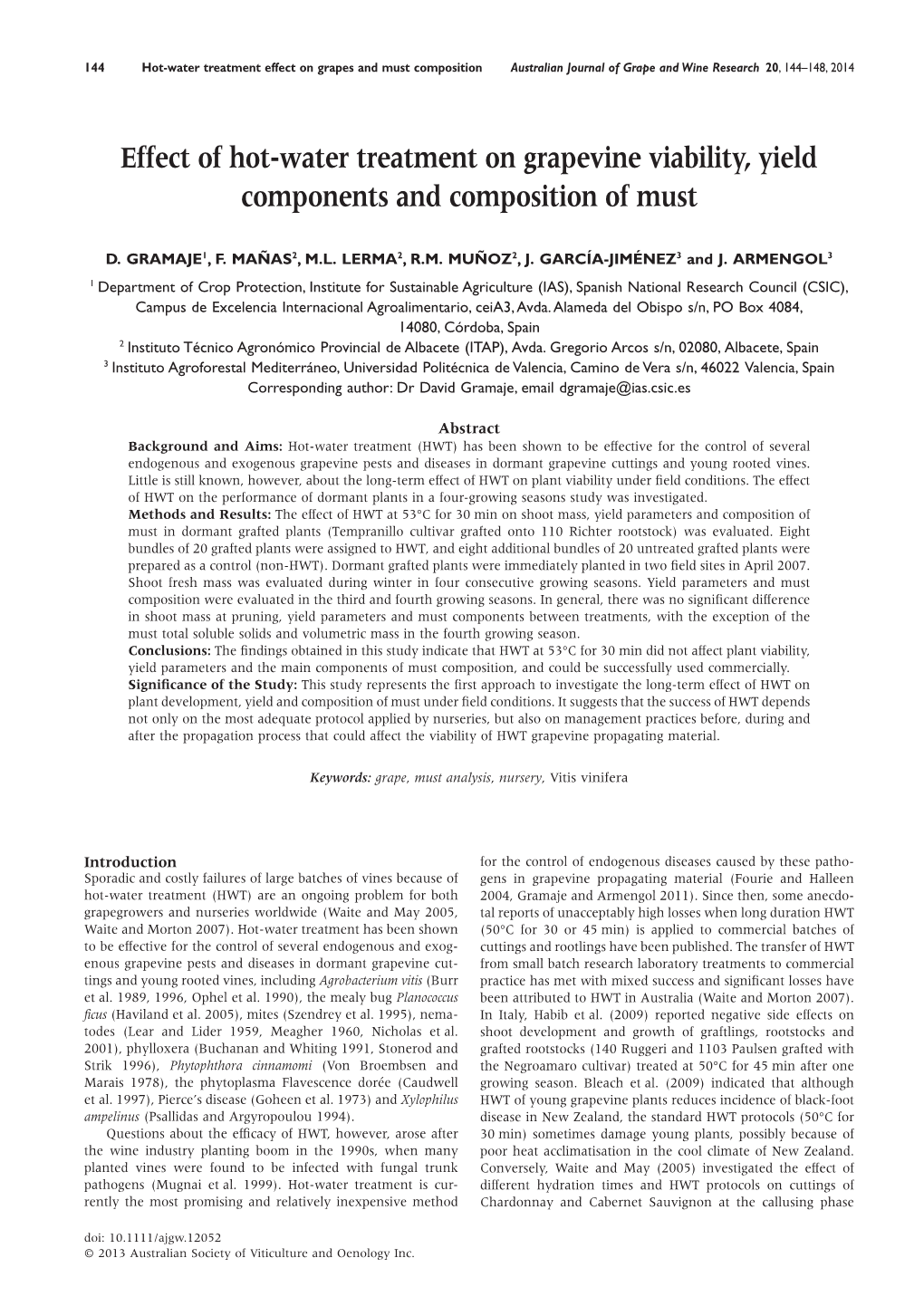 Effect of Hot-Water Treatment on Grapevine Viability, Yield Components and Composition of Must