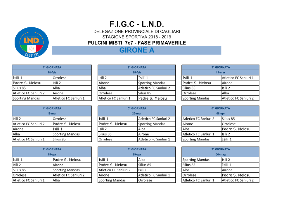 Calendario PULCINI MISTI PRIMAVERA 2018-2019