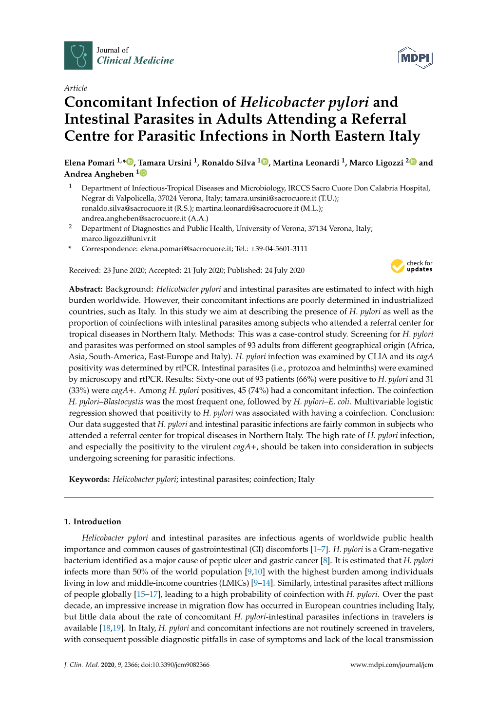 Concomitant Infection of Helicobacter Pylori and Intestinal Parasites in Adults Attending a Referral Centre for Parasitic Infections in North Eastern Italy