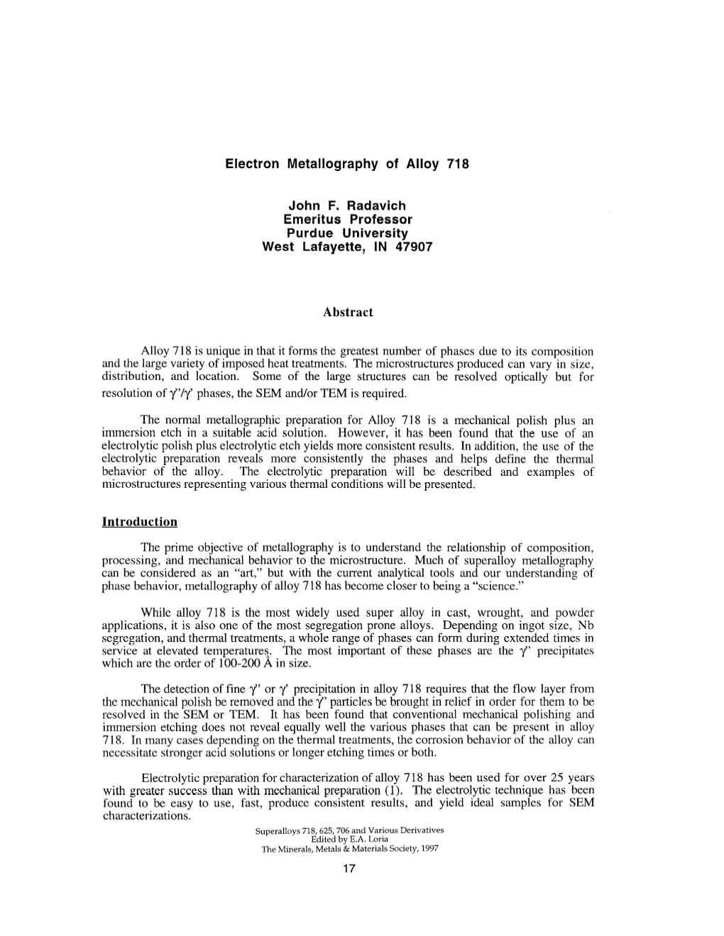 Electron Metallography of Alloy 718