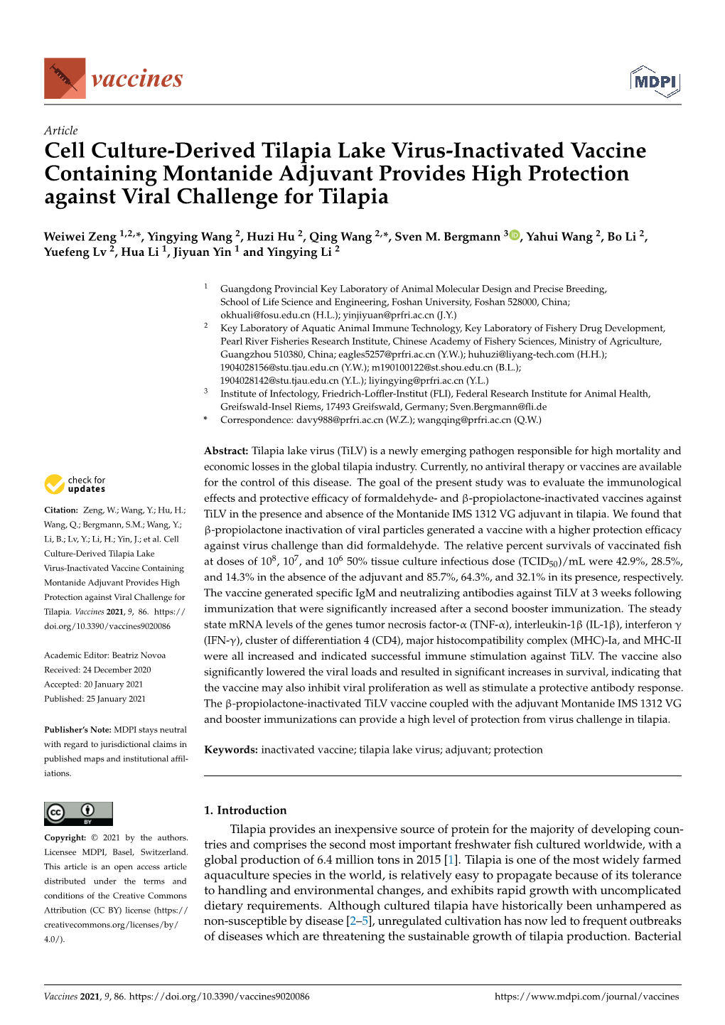 Cell Culture-Derived Tilapia Lake Virus-Inactivated Vaccine Containing Montanide Adjuvant Provides High Protection Against Viral Challenge for Tilapia