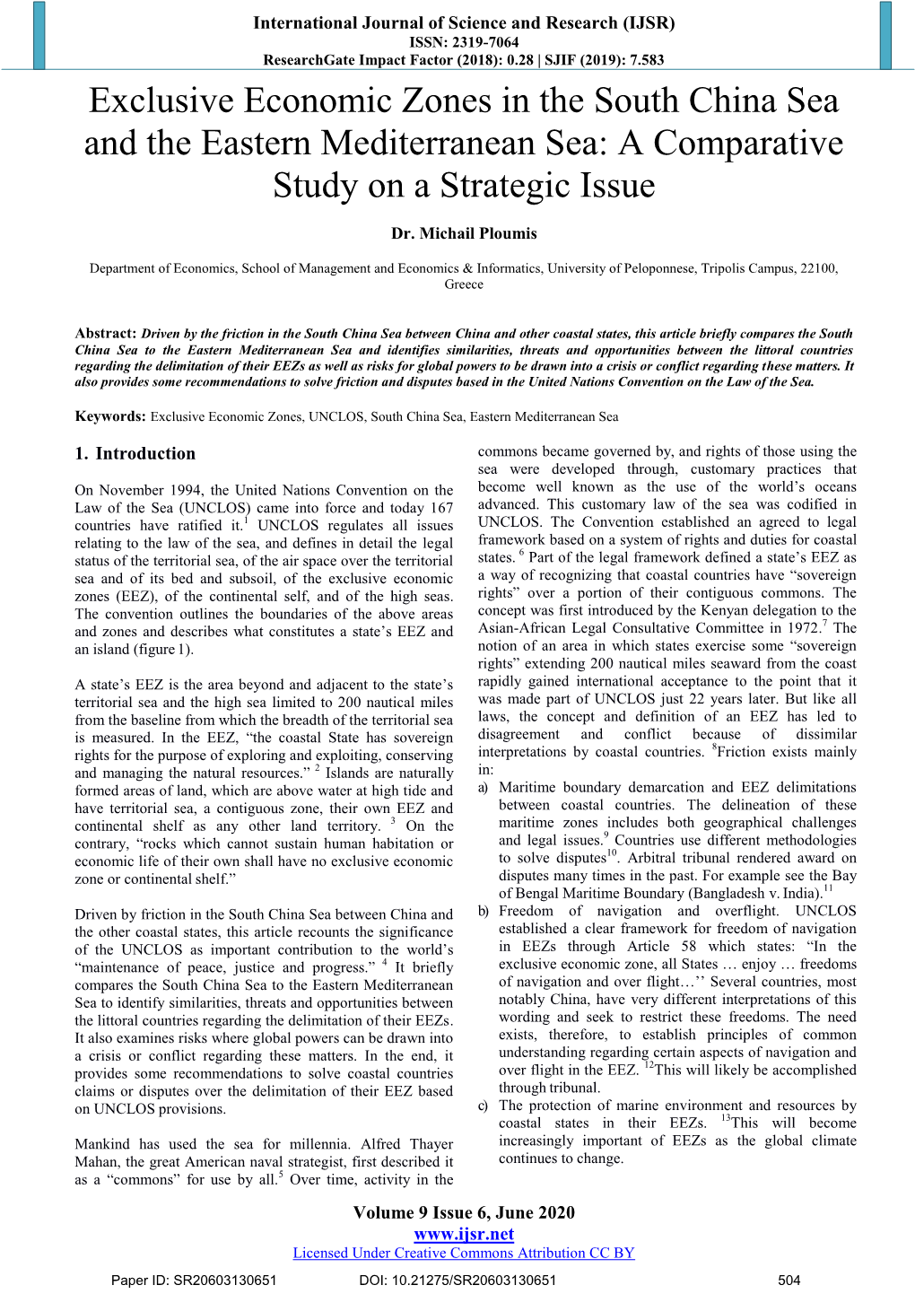 Exclusive Economic Zones in the South China Sea and the Eastern Mediterranean Sea: a Comparative Study on a Strategic Issue