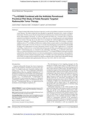 Lu-EC0800 Combined with the Antifolate Pemetrexed: Preclinical Pilot Study of Folate Receptor Targeted Radionuclide Tumor Therapy