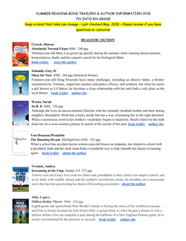 SUMMER READING BOOK TRAILERS & AUTHOR INFORMATION 2018 7Th INTO 8Th GRADE Keep in Mind That Links Can Change