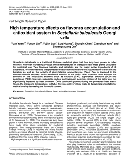 High Temperature Effects on Flavones Accumulation and Antioxidant System in Scutellaria Baicalensis Georgi Cells