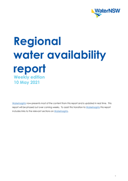 Regional Water Availability Report Weekly Edition 10 May 2021