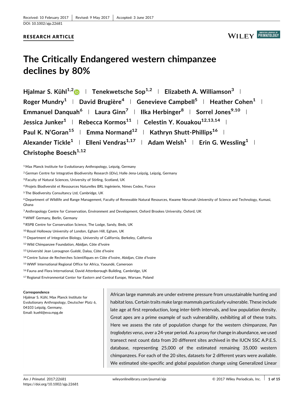 The Critically Endangered Western Chimpanzee Declines by 80%