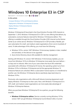 Windows 10 Enterprise E3 in CSP - Windows Deployment | Microsoft Docs