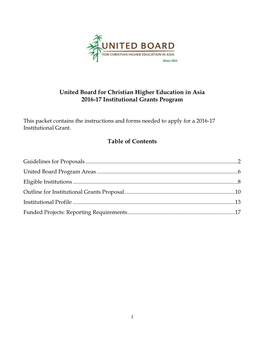 United Board for Christian Higher Education in Asia 2016-17 Institutional Grants Program