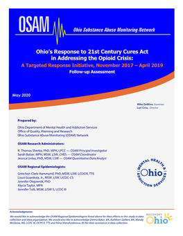 Ohio's Response to 21St Century Cures Act in Addressing the Opioid Crisis: a Targeted Response Initiative, November 2017 – April 2019, Follow-Up Assessment