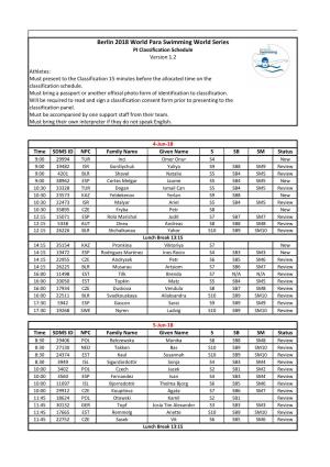 Berlin 2018 World Para Swimming World Series PI Classification Schedule Version 1.2
