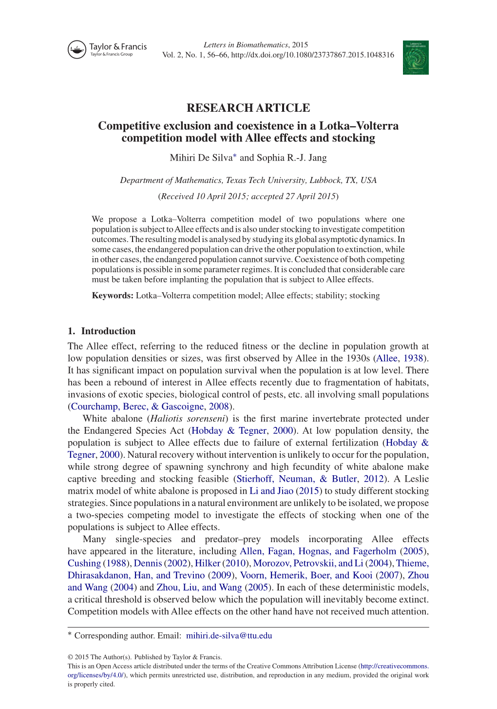 Competitive Exclusion and Coexistence in a Lotka–Volterra Competition Model with Allee Effects and Stocking Mihiri De Silva∗ and Sophia R.-J