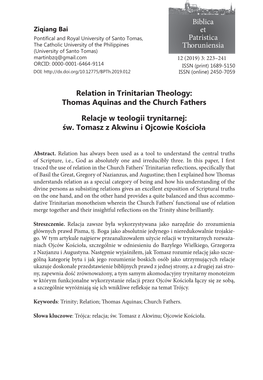 Relation in Trinitarian Theology: Thomas Aquinas and the Church Fathers