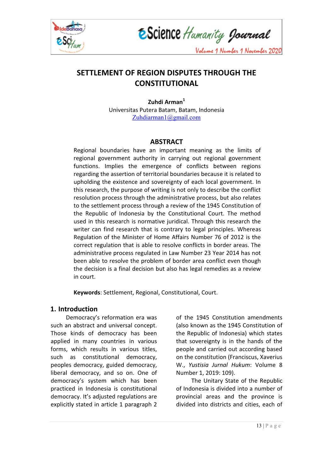 Settlement of Region Disputes Through the Constitutional