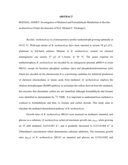 ABSTRACT BOZDAG, AHMET. Investigation of Methanol and Formaldehyde Metabolism in Bacillus Methanolicus