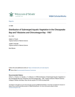 Distribution of Submerged Aquatic Vegetation in the Chesapeake Bay and Tributaries and Chincoteague Bay - 1987