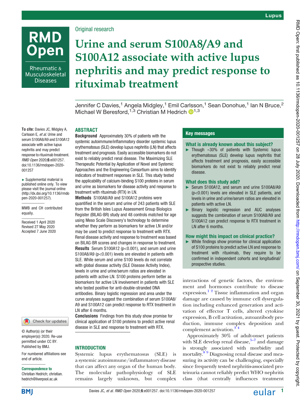 Urine and Serum S100A8/A9 and S100A12 Associate with Active Lupus Nephritis and May Predict Response to Rituximab Treatment