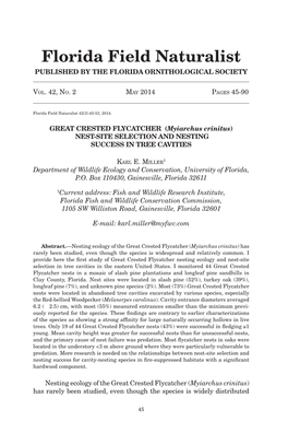 Florida Field Naturalist Published by the Florida Ornithological Society