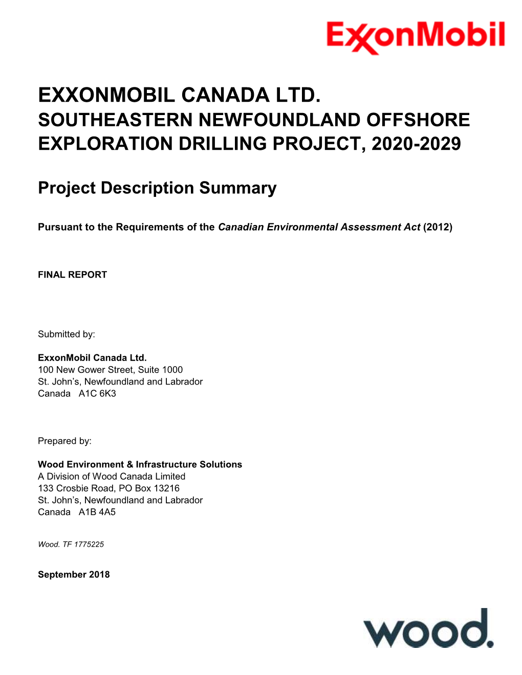 Exxonmobil Canada Ltd. Southeastern Newfoundland Offshore Exploration Drilling Project, 2020-2029