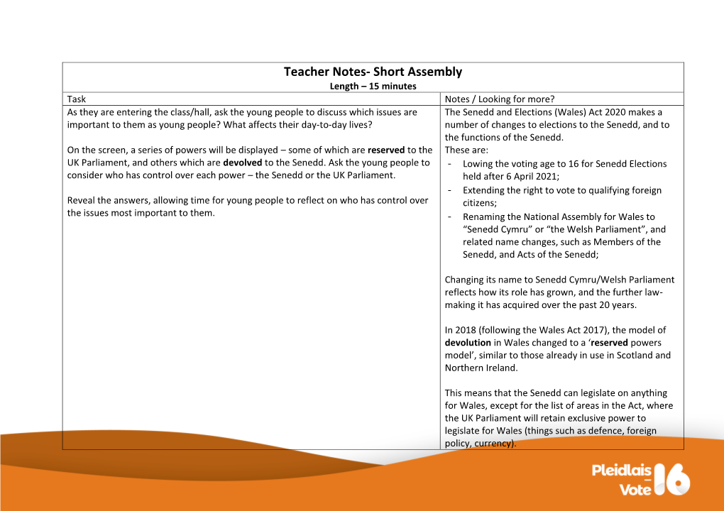 Teacher Notes- Short Assembly