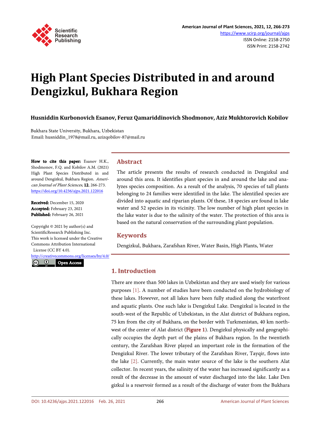 High Plant Species Distributed in and Around Dengizkul, Bukhara Region