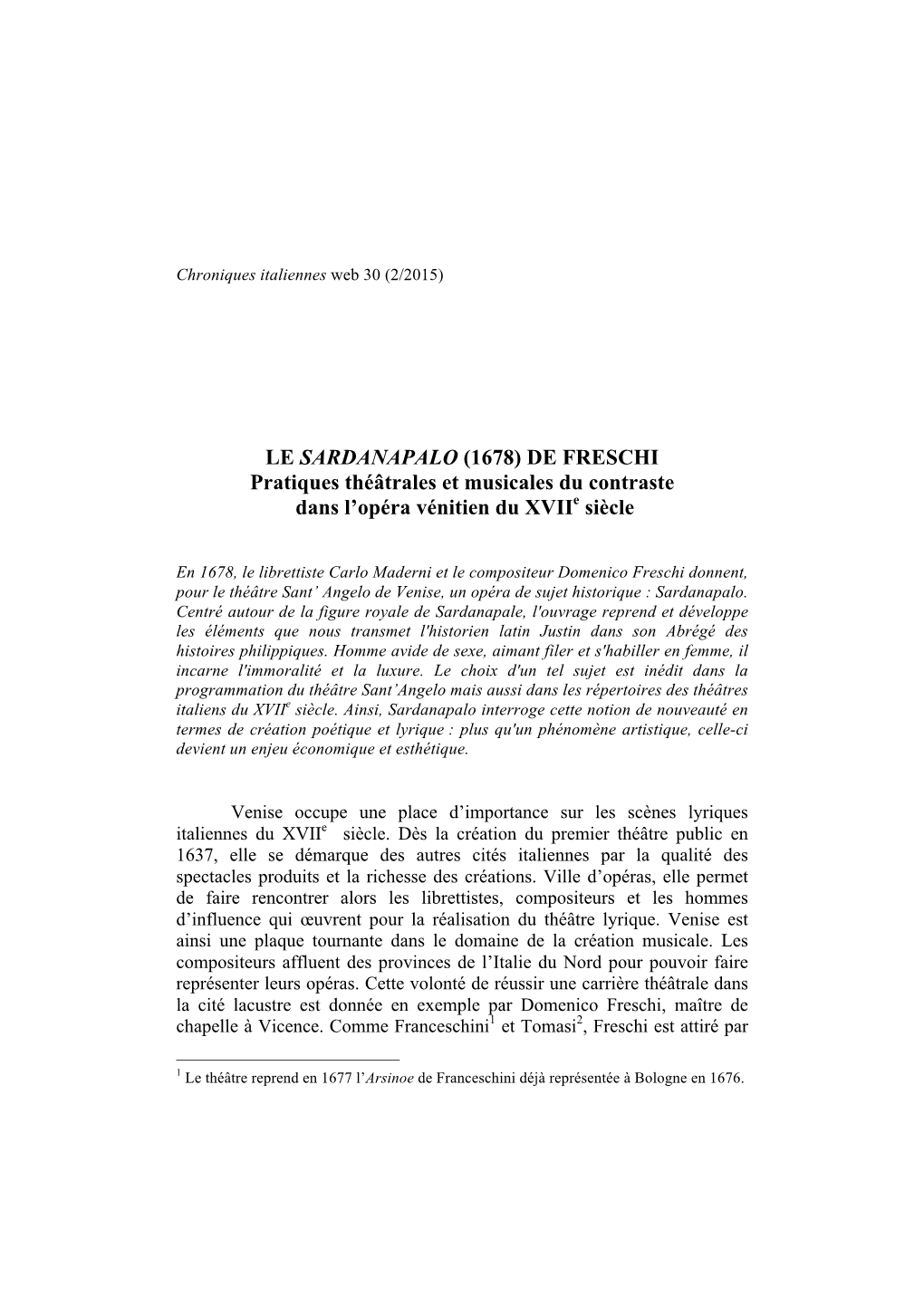 LE SARDANAPALO (1678) DE FRESCHI Pratiques Théâtrales Et Musicales Du Contraste Dans L'opéra Vénitien Du Xviie Siècle