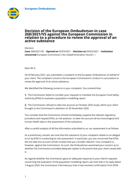 Decision of the European Ombudsman in Case 268/2021/VS Against the European Commission in Relation to a Procedure to Renew the Approval of an Active Substance