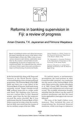 Reforms in Banking Supervision in Fiji: a Review of Progress