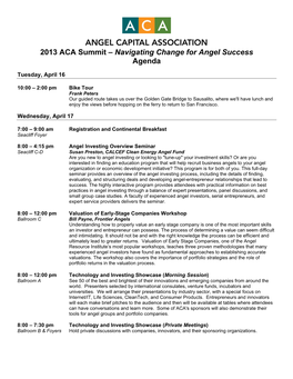 2013 ACA Summit – Navigating Change for Angel Success Agenda