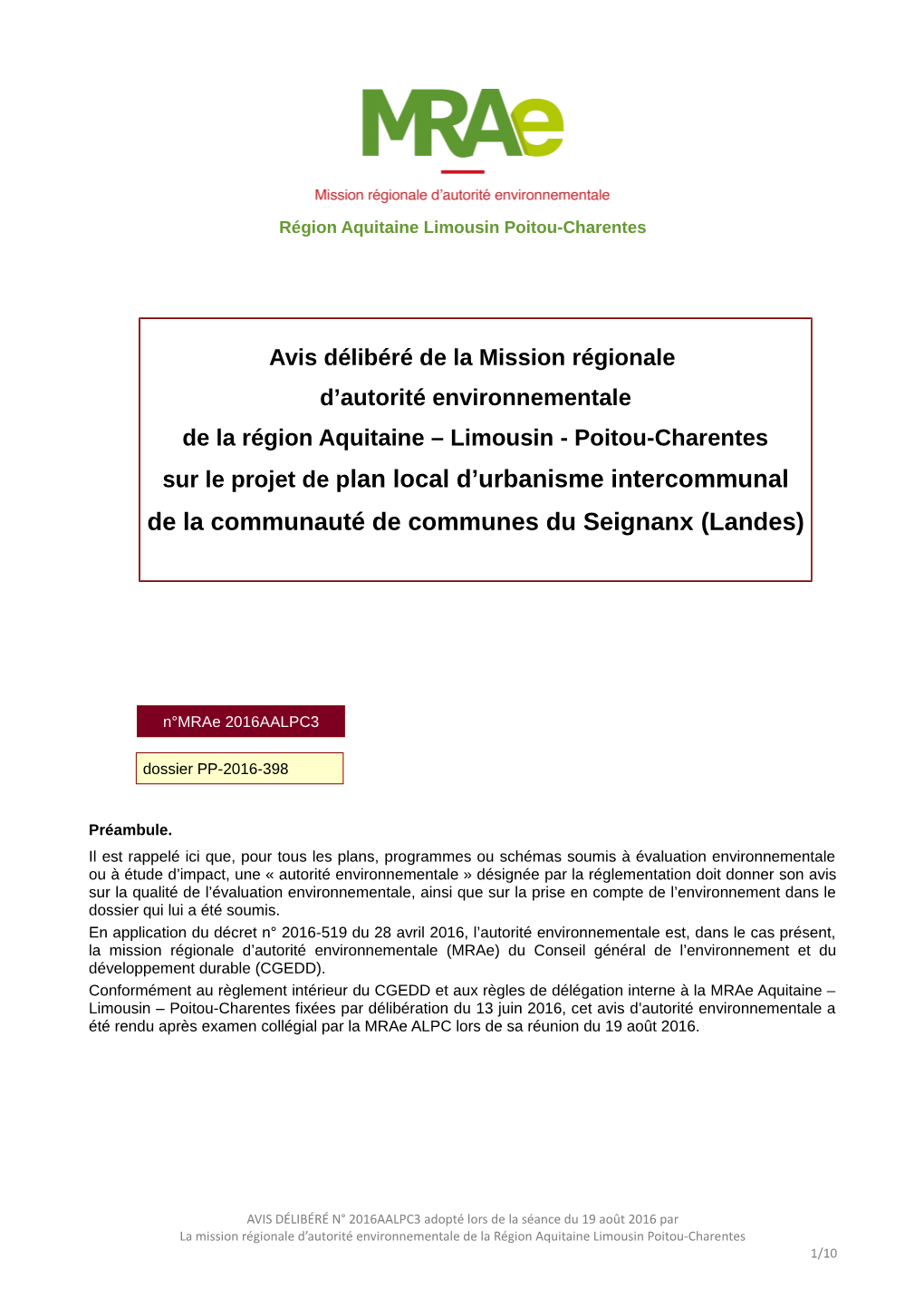 Sur Le Projet De Plan Local D'urbanisme Intercommunal De La Communauté De Communes Du Seignanx (Landes)