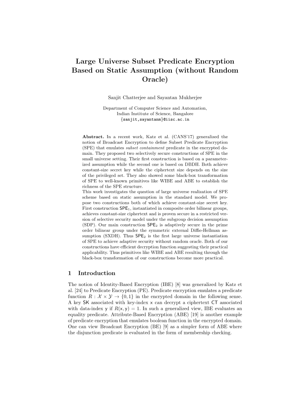 Large Universe Subset Predicate Encryption Based on Static Assumption (Without Random Oracle)