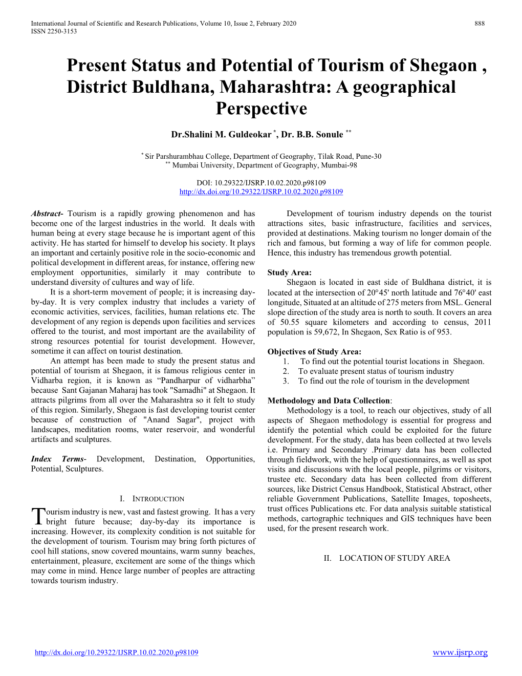 Present Status and Potential of Tourism of Shegaon , District Buldhana, Maharashtra: a Geographical Perspective