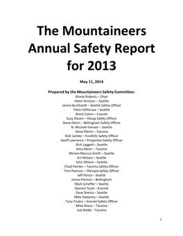 The Mountaineers Annual Safety Report for 2013