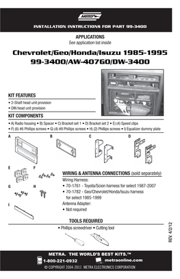 Chevrolet/Geo/Honda/Isuzu 1985-1995 99-3400/AW-407GO/DW-3400