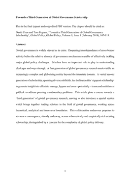 1 Towards a Third Generation of Global Governance Scholarship This Is the Final Typeset and Copyedited PDF Version. the Chapter
