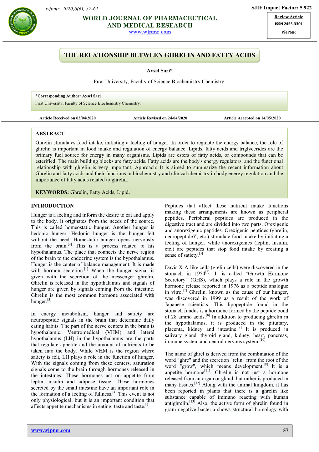 The Relationship Between Ghrelin and Fatty Acids