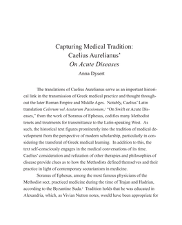 Capturing Medical Tradition: Caelius Aurelianus' on Acute Diseases