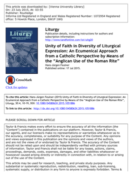 Unity of Faith in Diversity of Liturgical Expression: an Ecumenical