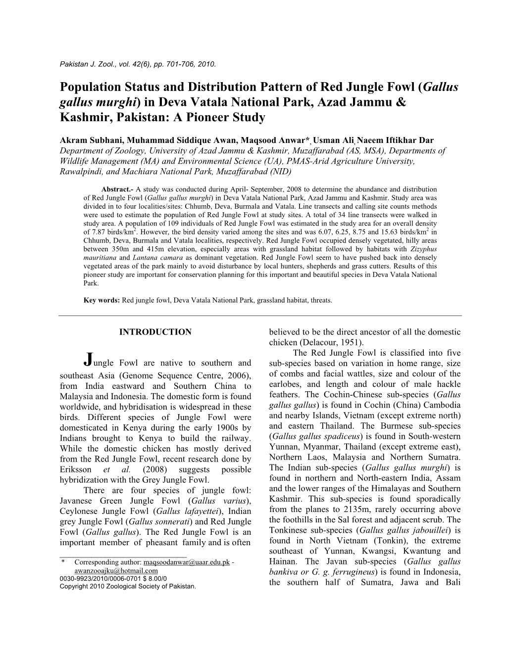 Population Status and Distribution Pattern of Red Jungle Fowl (Gallus Gallus Murghi) in Deva Vatala National Park, Azad Jammu & Kashmir, Pakistan: a Pioneer Study