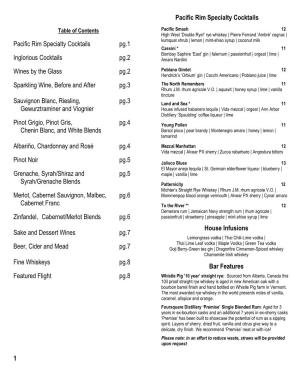 Pacific Rim Specialty Cocktails Pg.1 Inglorious Cocktails Pg.2 Wines By