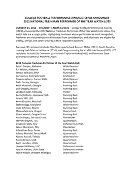 College Football Performance Awards (Cfpa) Announces 2012 National Freshman Performer of the Year Watch Lists