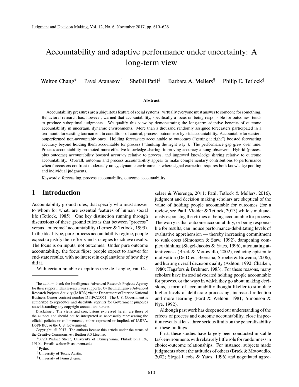 Accountability and Adaptive Performance Under Uncertainty: a Long-Term View