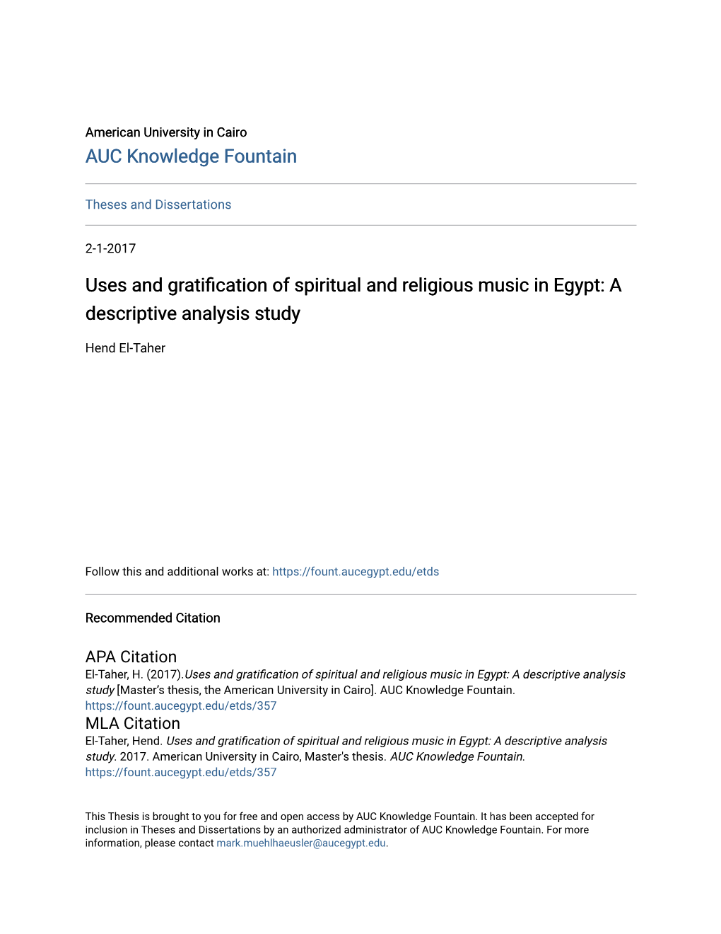 Uses and Gratification of Spiritual and Religious Music in Egypt: a Descriptive Analysis Study