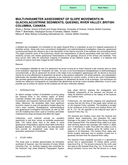 MULTI-PARAMETER ASSESSMENT of SLOPE MOVEMENTS in GLACIOLACUSTRINE SEDIMENTS, QUESNEL RIVER VALLEY, BRITISH COLUMBIA, CANADA Ahren J