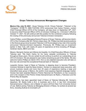 Grupo Televisa Announces Management Changes