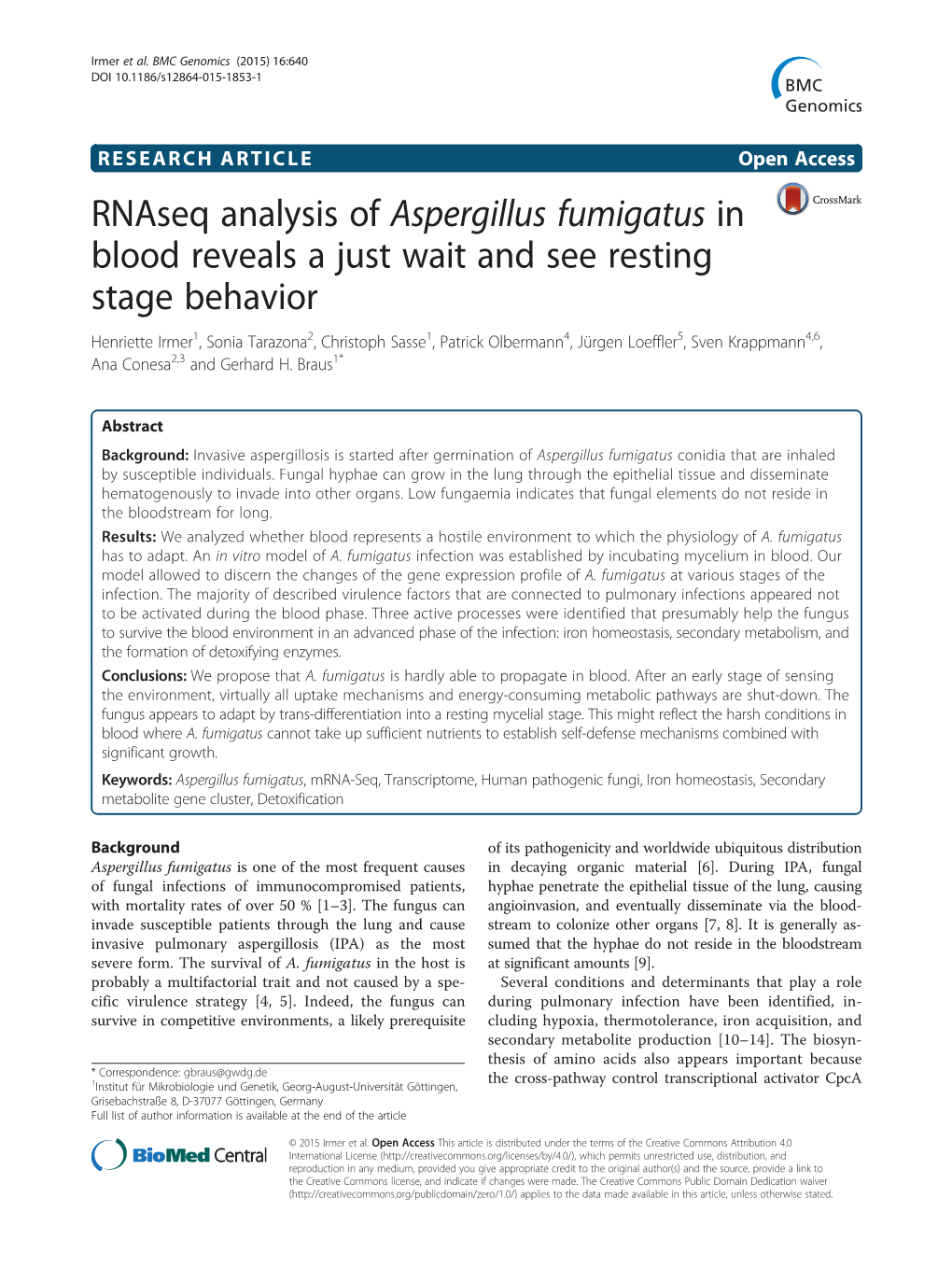 Rnaseq Analysis of Aspergillus Fumigatus in Blood Reveals a Just Wait and See Resting Stage Behavior