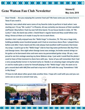 Gene Watson Fan Club Newsletter Volume 62 May June, 2019