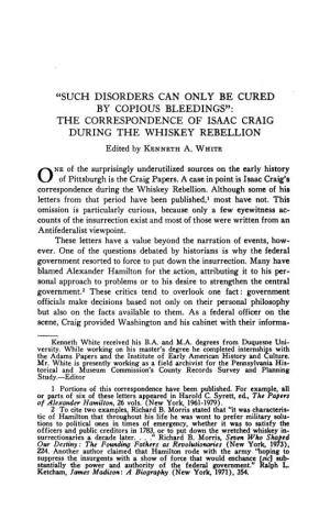 THE CORRESPONDENCE of ISAAC CRAIG DURING the WHISKEY REBELLION Edited by Kenneth A