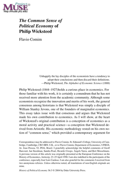 The Common Sense of Political Economy of Philip Wicksteed Flavio Comim